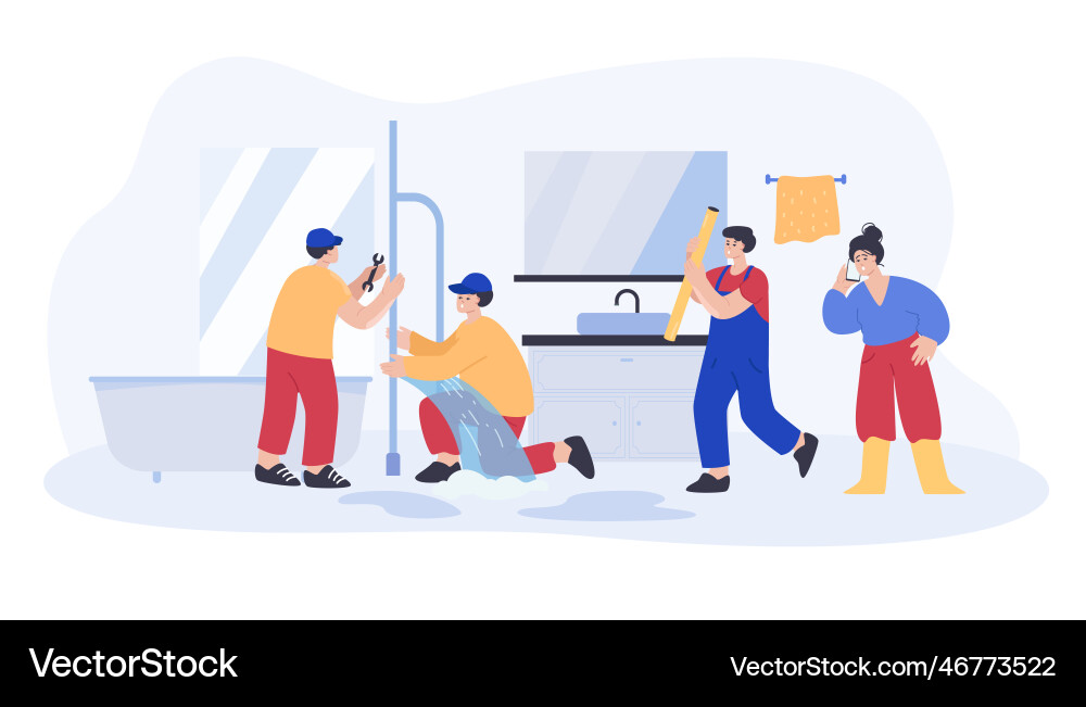 Help from team of plumbers to fix leaking pipe Vector Image