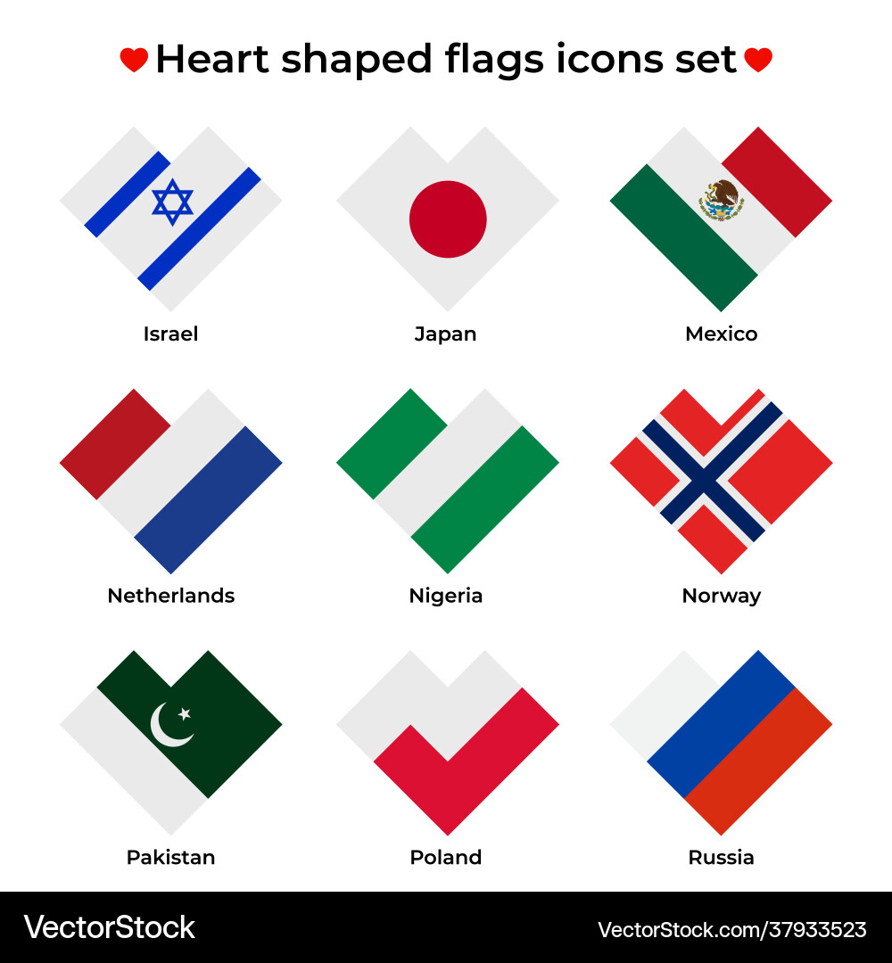 Heart shaped flags icons set flag icon in simple Heart shaped flags icons set flag icon in simple vector image