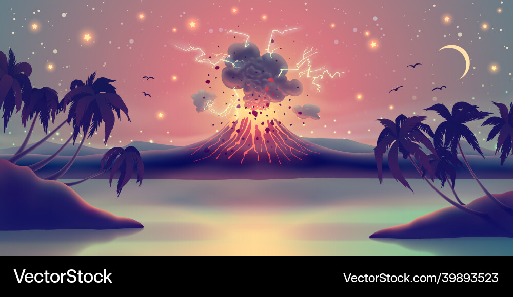 Landscape with eruption from volcano crater art Vector Image