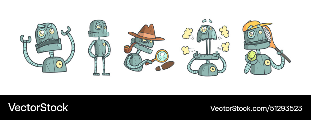 Steampunk robot character in various pose Steampunk robot character in various pose vector image