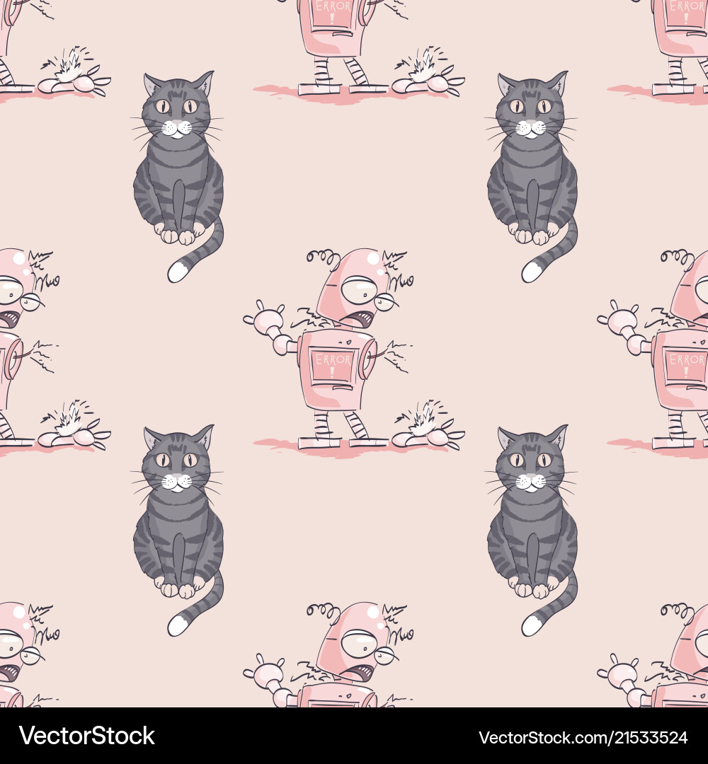 Cat and broken robot seamless pattern vector image