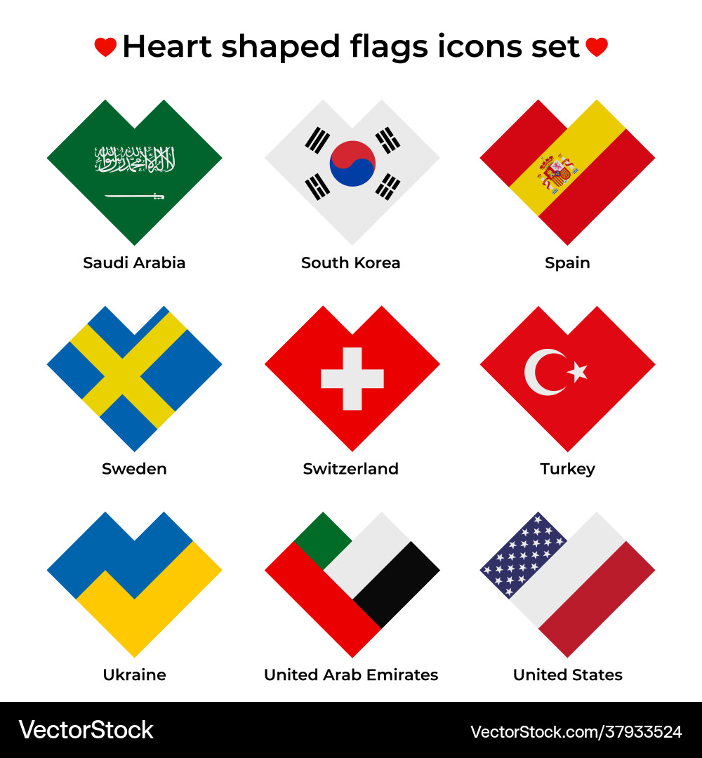 Heart shaped flags icons set flag icon in simple Heart shaped flags icons set flag icon in simple vector image