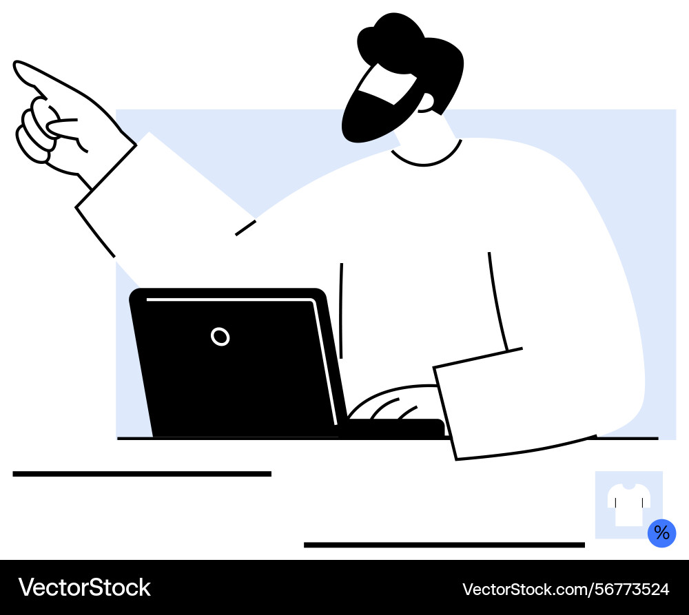 Man using laptop and pointing ahead indicating Man using laptop and pointing ahead indicating vector image