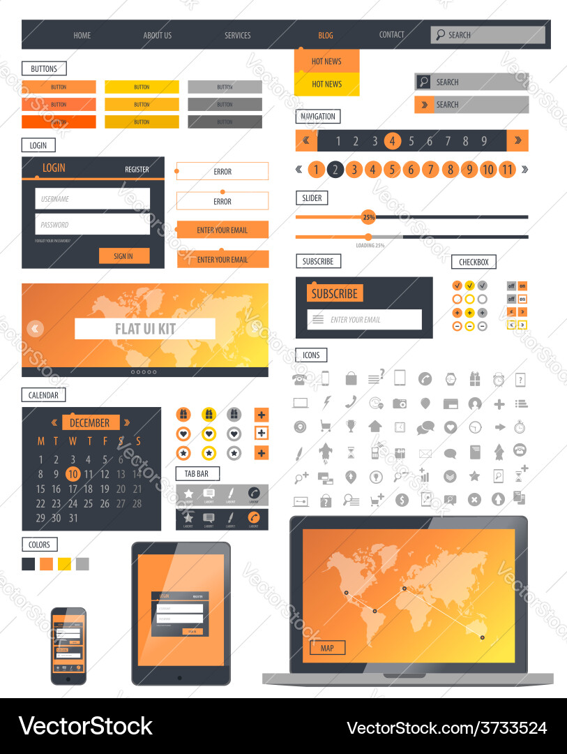Ui kit responsive web design icons template mockup vector image