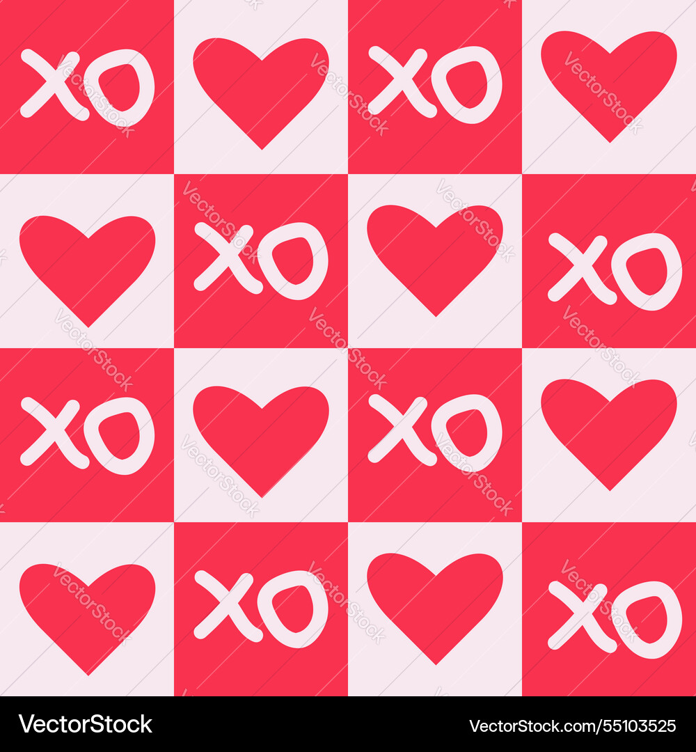 Checkered xoxo and red hearts seamless pattern Vector Image