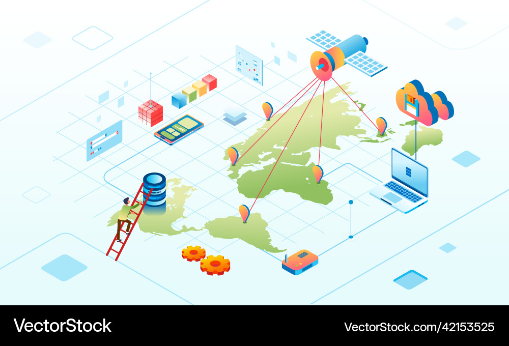 Isometric of satellite data network connection vector image
