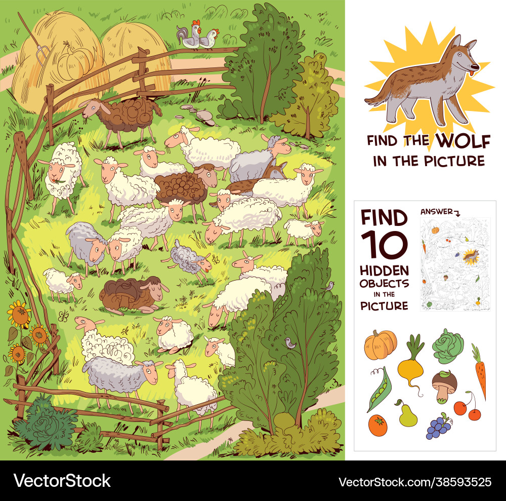 Sheep and Wolf Puzzle - Find 10 Hidden Objects vector image