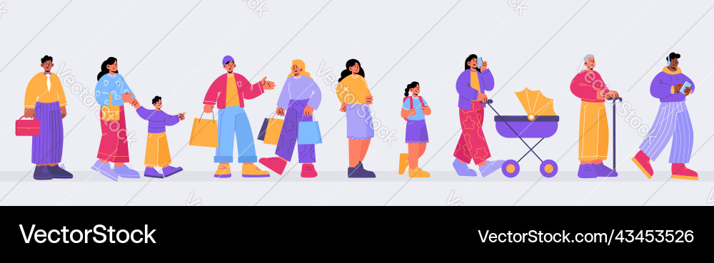 People stand in queue diverse characters waiting People stand in queue diverse characters waiting vector image