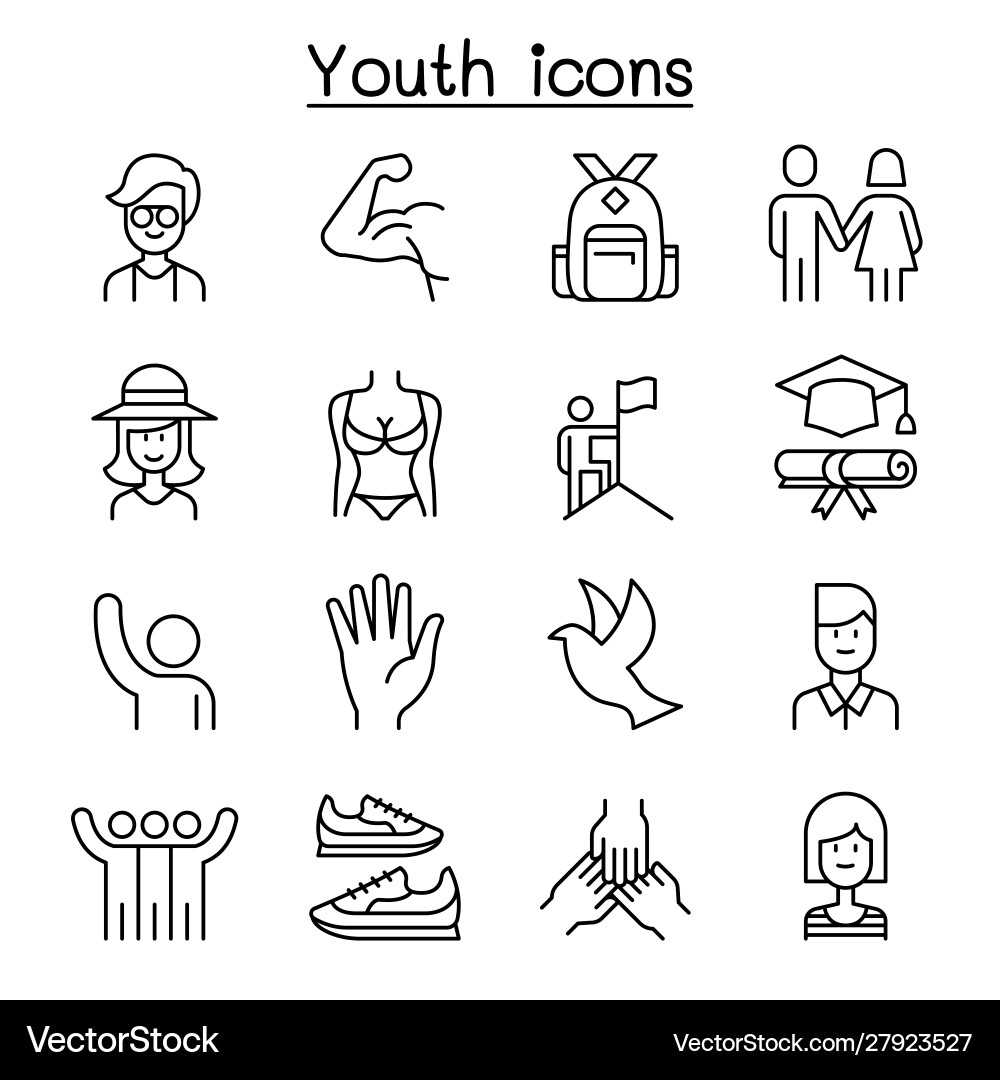 Youth icon set in thin line style vector image