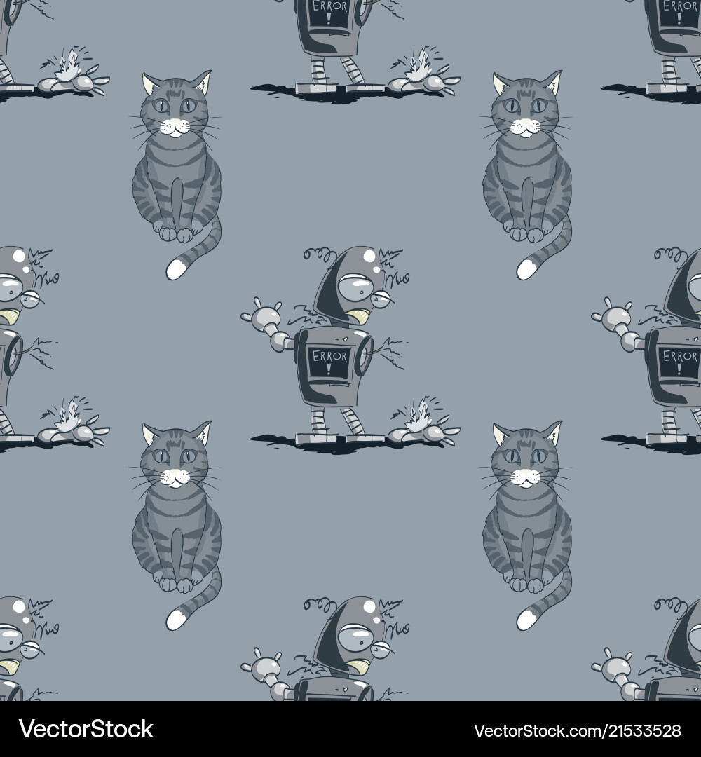 Cat and broken robot seamless pattern vector image