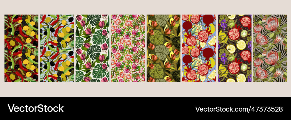 Set of eight seamless patterns with exotic Set of eight seamless patterns with exotic Vector Image
