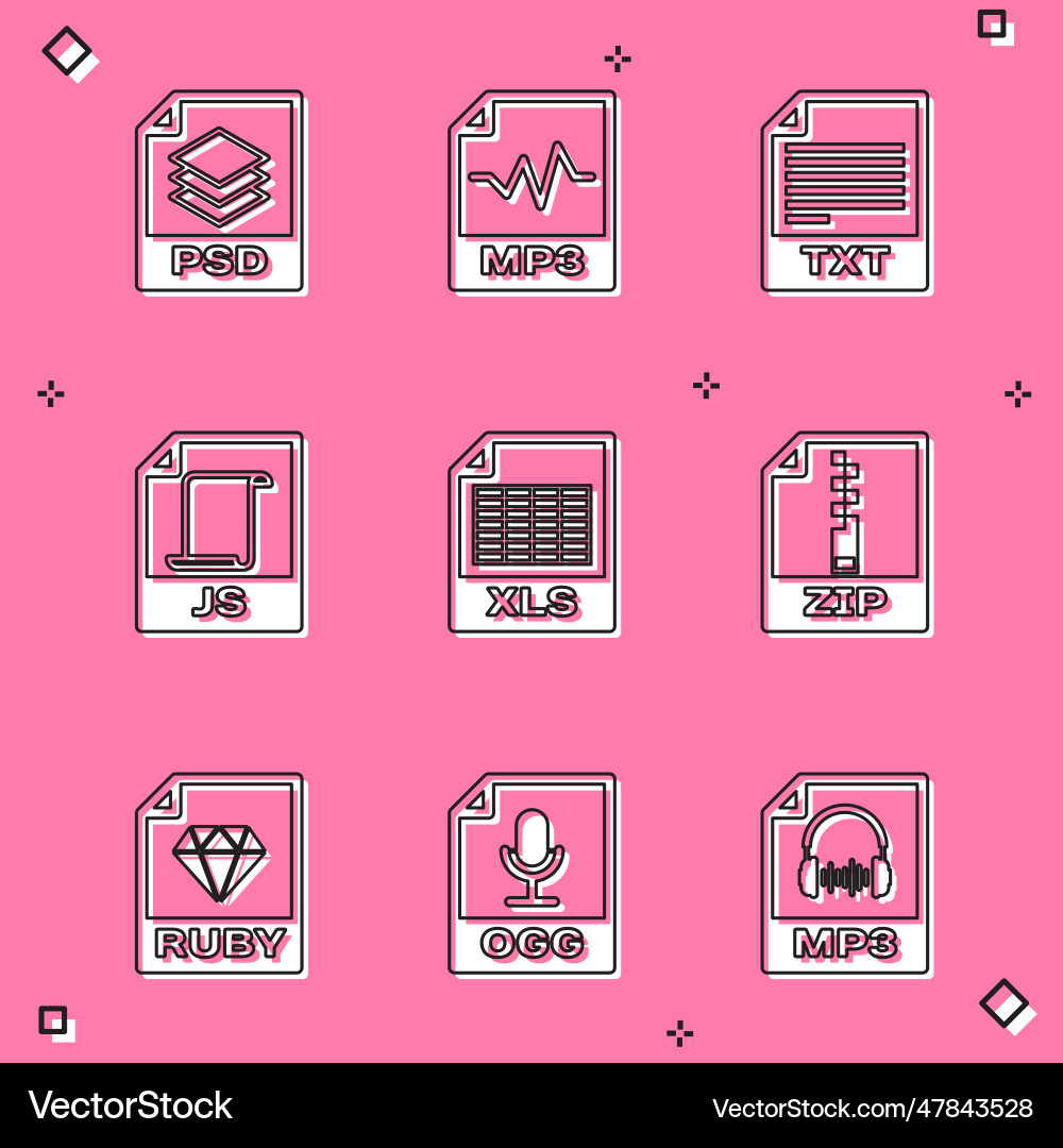 Set psd file document mp3 txt js xls and zip vector image