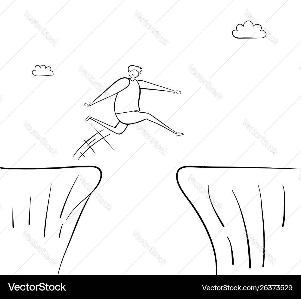 Man jumping over abyss hand-drawn black outlines Man jumping over abyss hand-drawn black outlines vector image