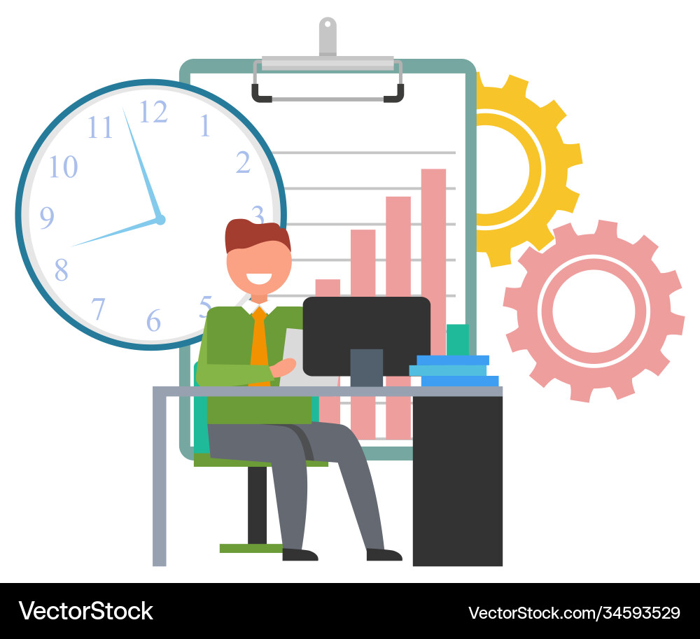 Man working with desktop computer at office Man working with desktop computer at office Vector Image