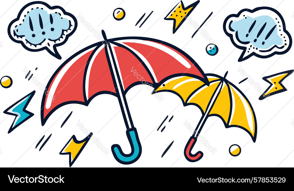 Multiple umbrellas in rain with lightning pop art Vector Image