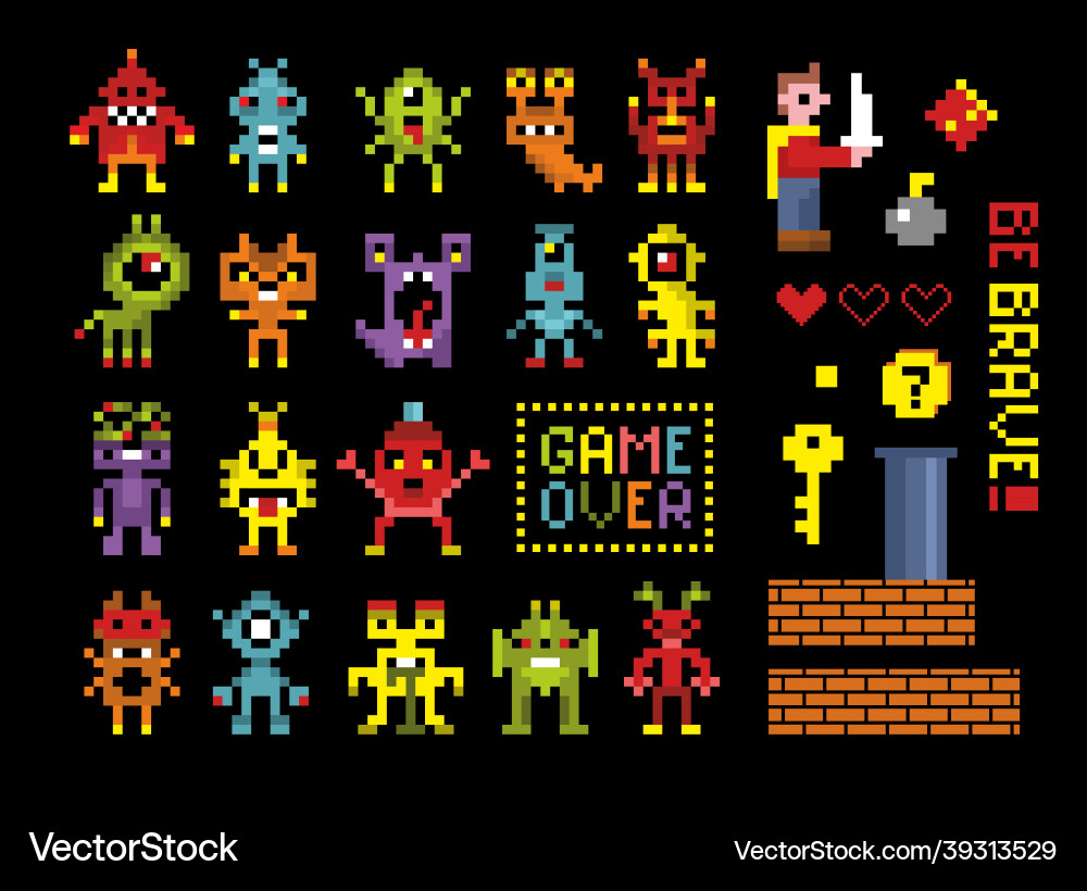 Pixelated Retro Game Characters Vector Image