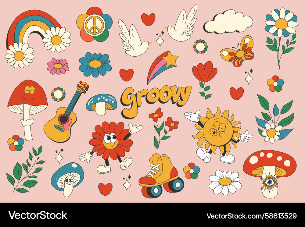 Retro Groovy Set - Colorful Elements Vector Image