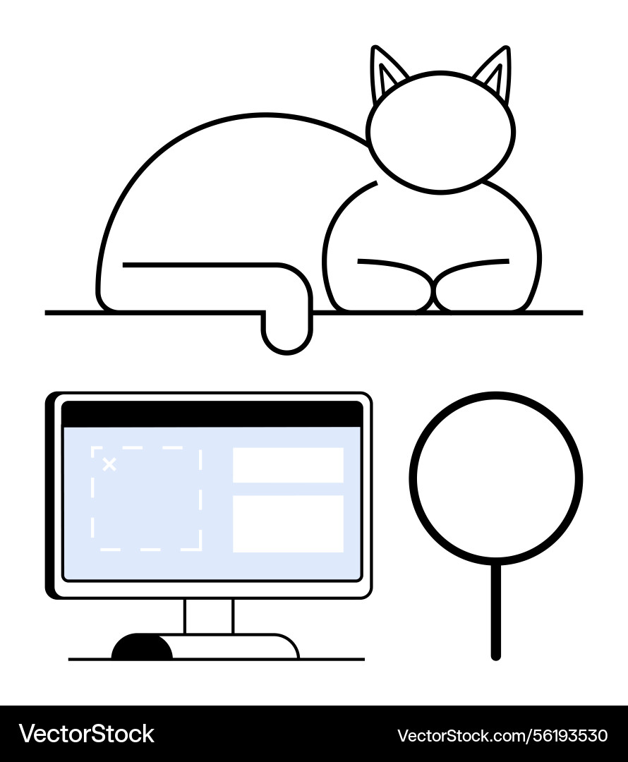 Cat resting with computer monitor and magnifying Cat resting with computer monitor and magnifying vector image