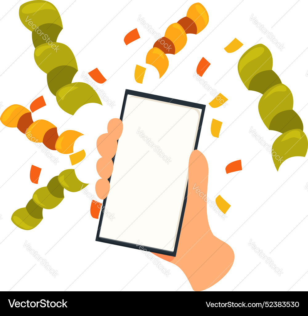Hand holding smartphone with confetti exploding Hand holding smartphone with confetti exploding vector image