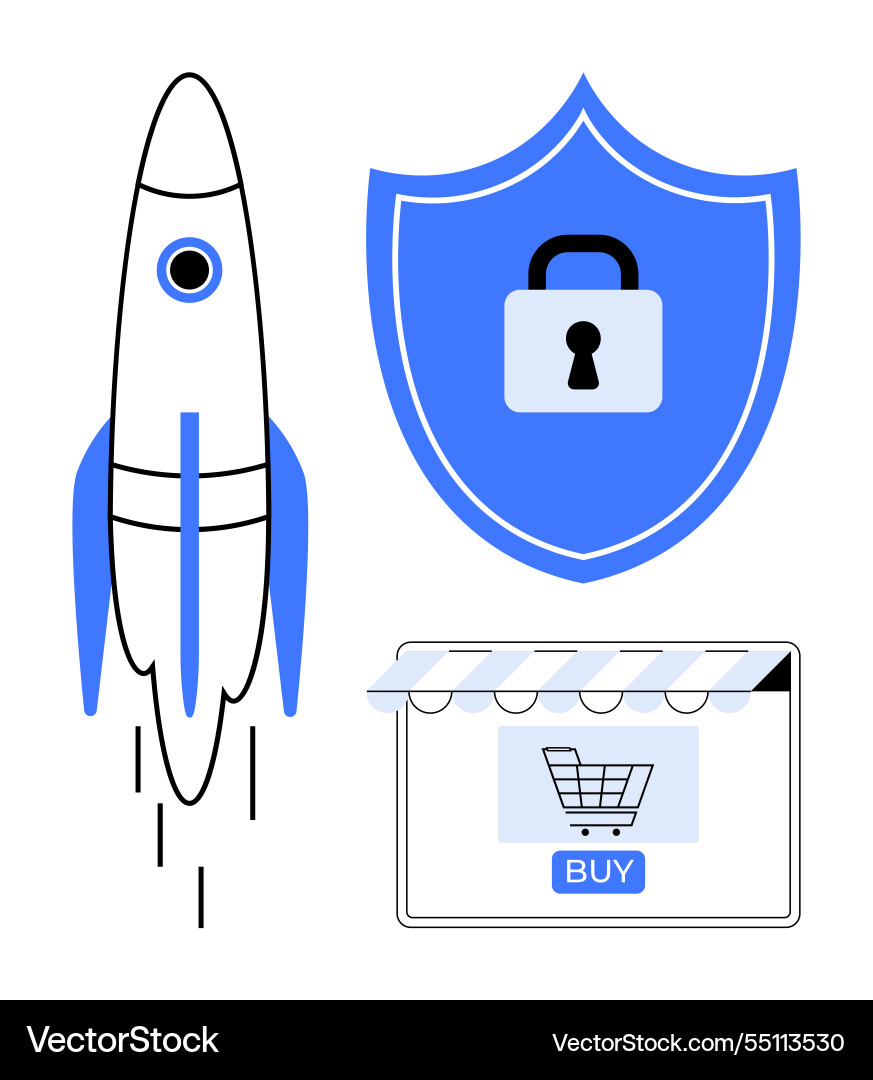 Rocket launch security shield with lock Rocket launch security shield with lock vector image