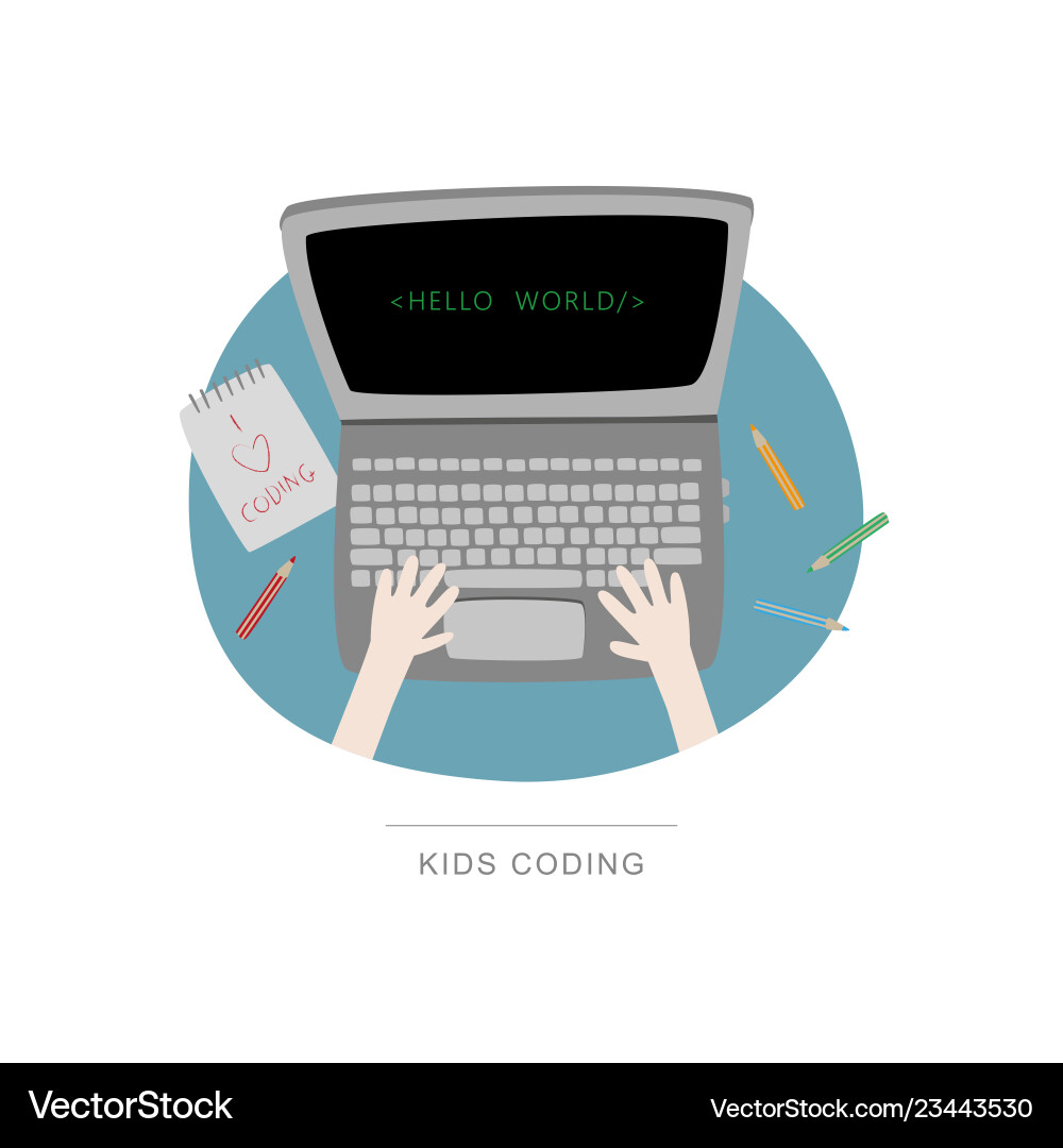 Top view of laptop and coding child vector image