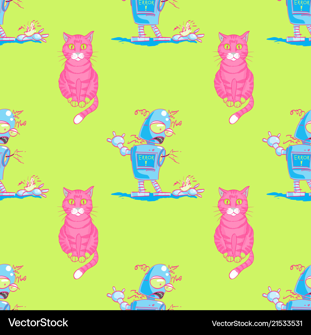 Cat and broken robot seamless pattern vector image