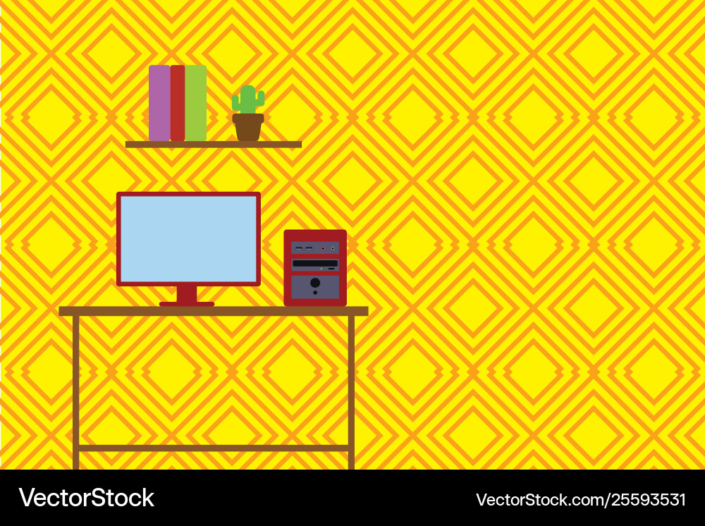 Desktop computer wooden table background shelf Desktop computer wooden table background shelf vector image