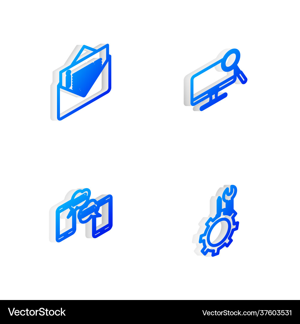 Set isometric line computer monitor diagnostics Set isometric line computer monitor diagnostics vector image