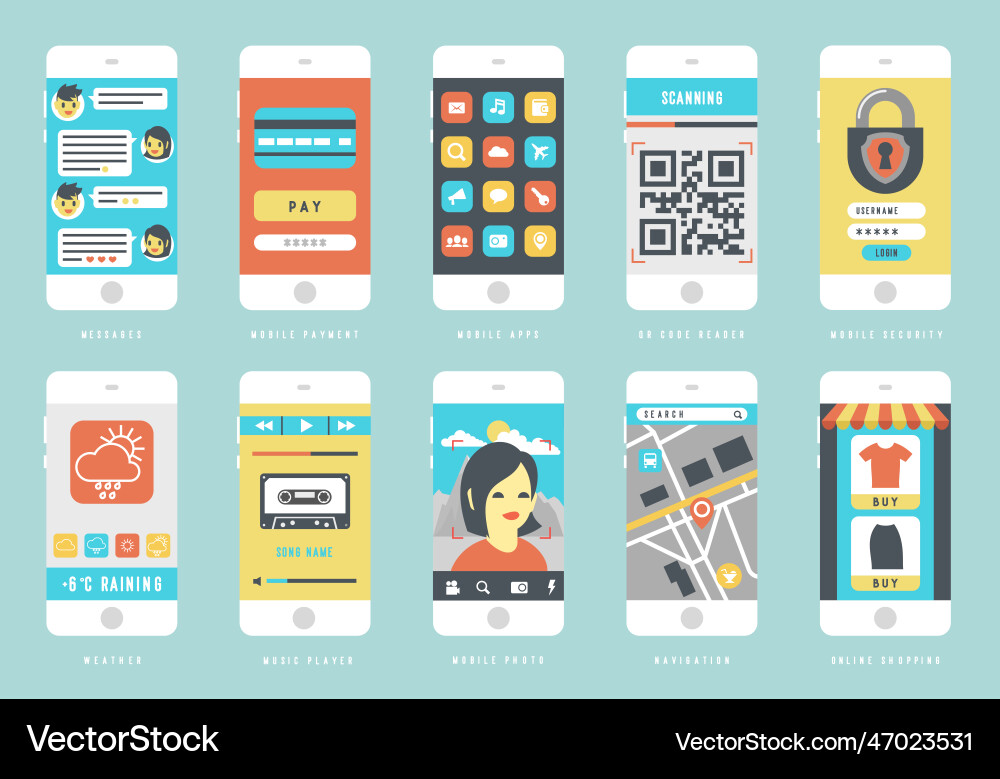Set of smart phones with different user interface Set of smart phones with different user interface vector image
