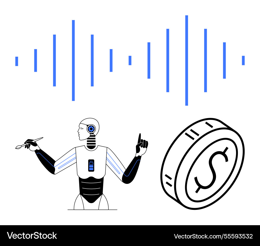 Ai robot with data waves and coin representing Ai robot with data waves and coin representing Vector Image