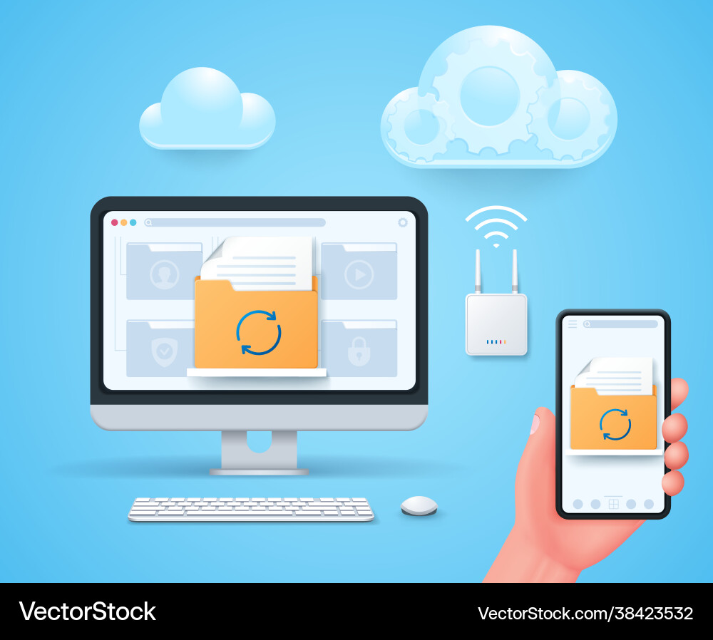 Data synchronization concept in 3d style Data synchronization concept in 3d style vector image