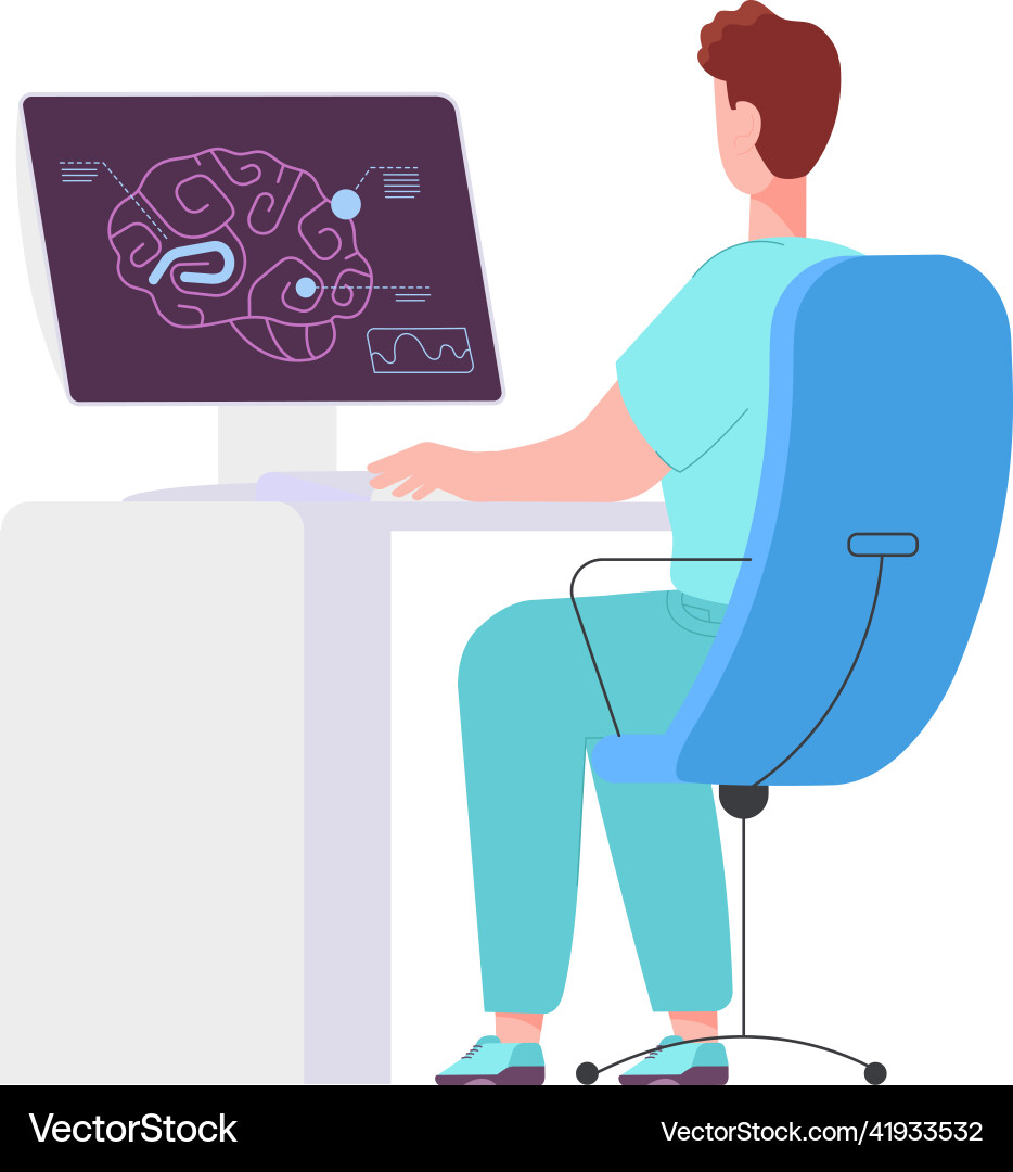 Doctor looking on brain scan computer screen Doctor looking on brain scan computer screen vector image