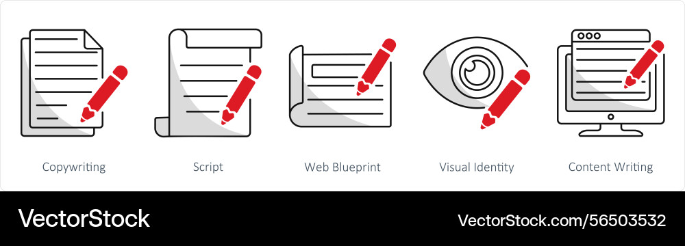 Eine Reihe von 5 Web-Design-Symbolen als Copywriting-Script Vektorbild