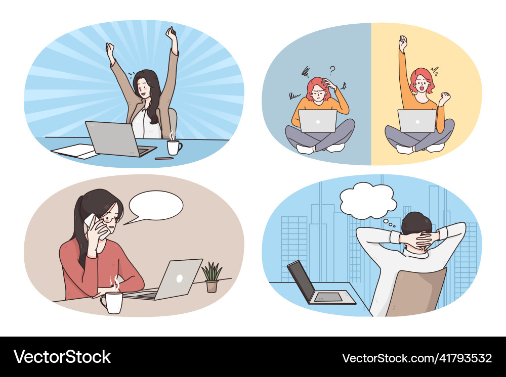 Set of people use computers studying and working Set of people use computers studying and working vector image