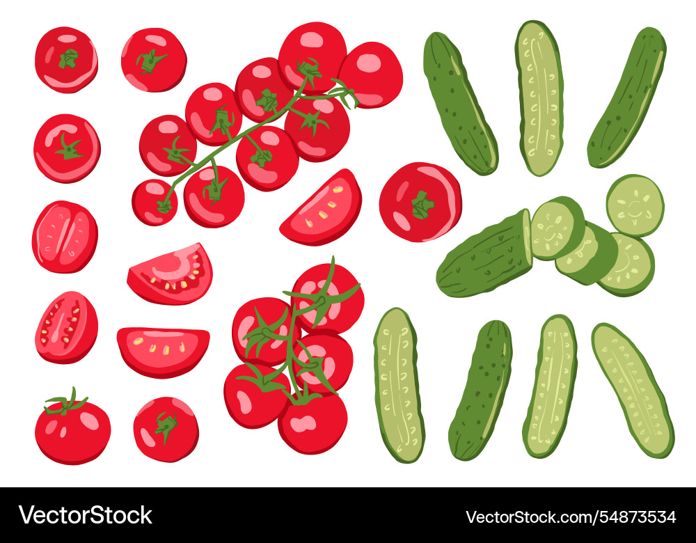 Cherry tomatoes and cucumbers set isolated Vector Image