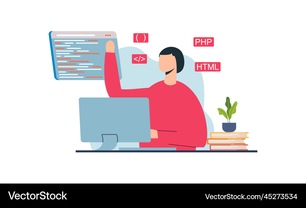 Man programmer is working on his laptop concept Man programmer is working on his laptop concept vector image