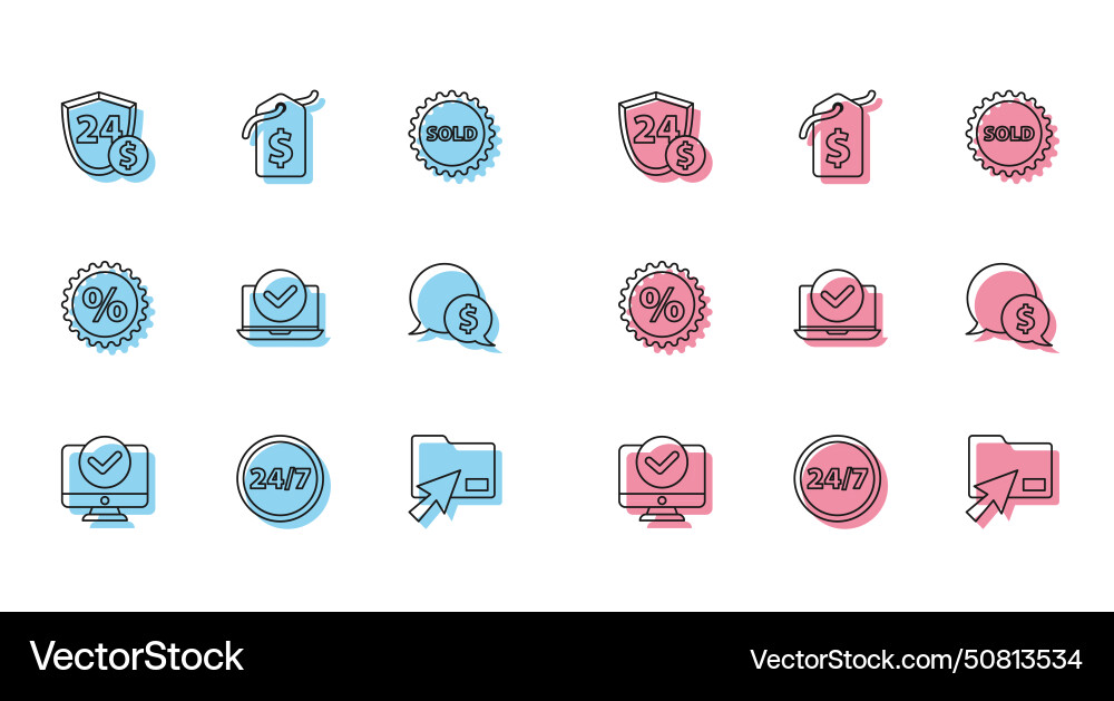 Set line computer monitor clock 24 hours shield Set line computer monitor clock 24 hours shield vector image