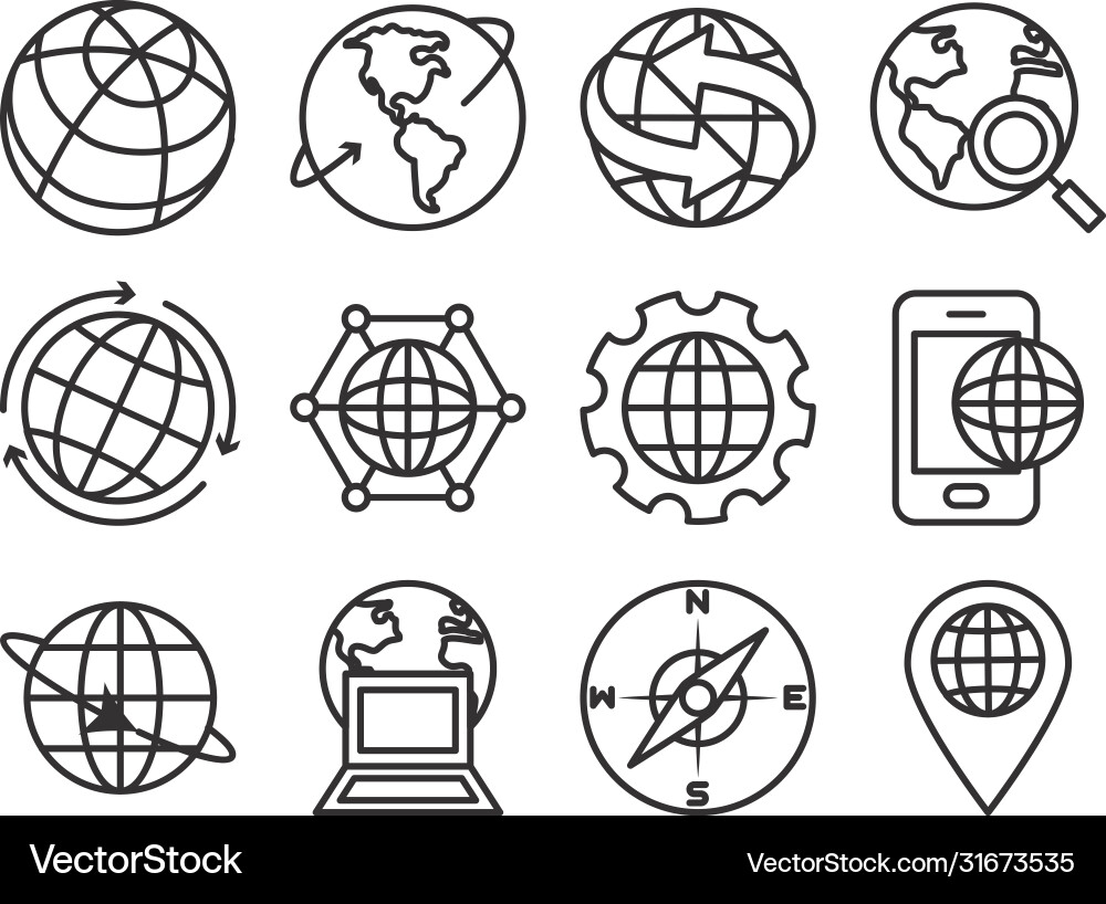 Laptop computer and world icon set line style Laptop computer and world icon set line style vector image