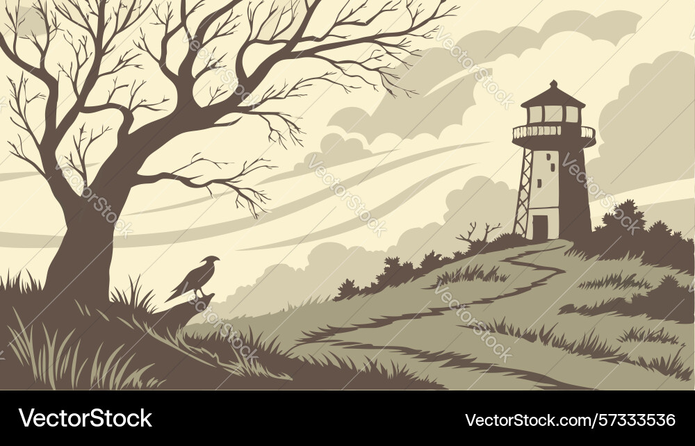 Lighthouse on a bare tree hill design generative Vector Image