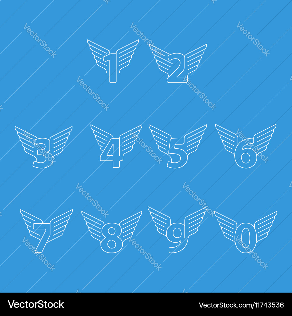 Numbers thin lines set of icons with wings vector image