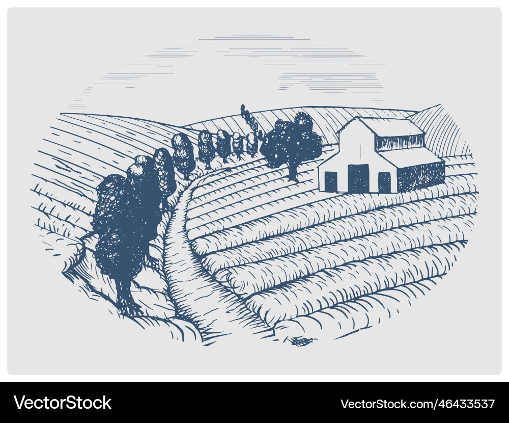 Bauernhof ländliche Landschaft Hand gezeichnet blaue Skizze Bauernhof ländliche Landschaft Hand gezeichnet blaue Skizze vektorbild