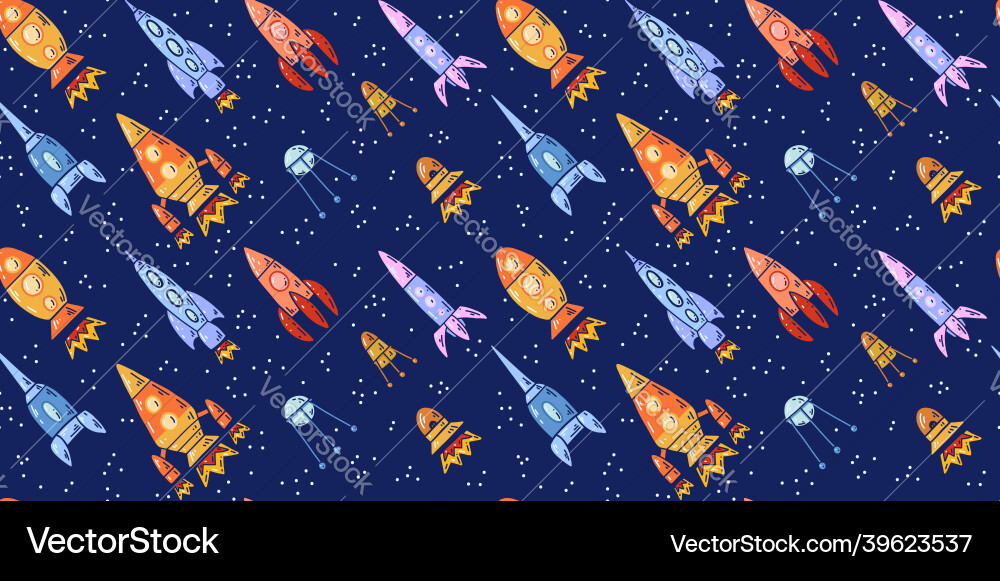 Seamless space texture with spaceships and stars Seamless space texture with spaceships and stars vector image