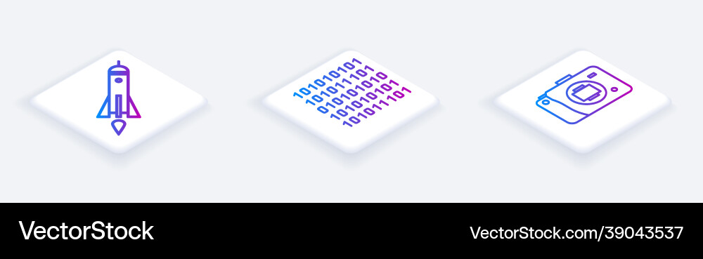 Set isometric line rocket ship with fire binary Set isometric line rocket ship with fire binary vector image