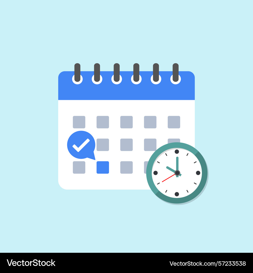 Calendar with clock and check mark flat Calendar with clock and check mark flat Vector Image