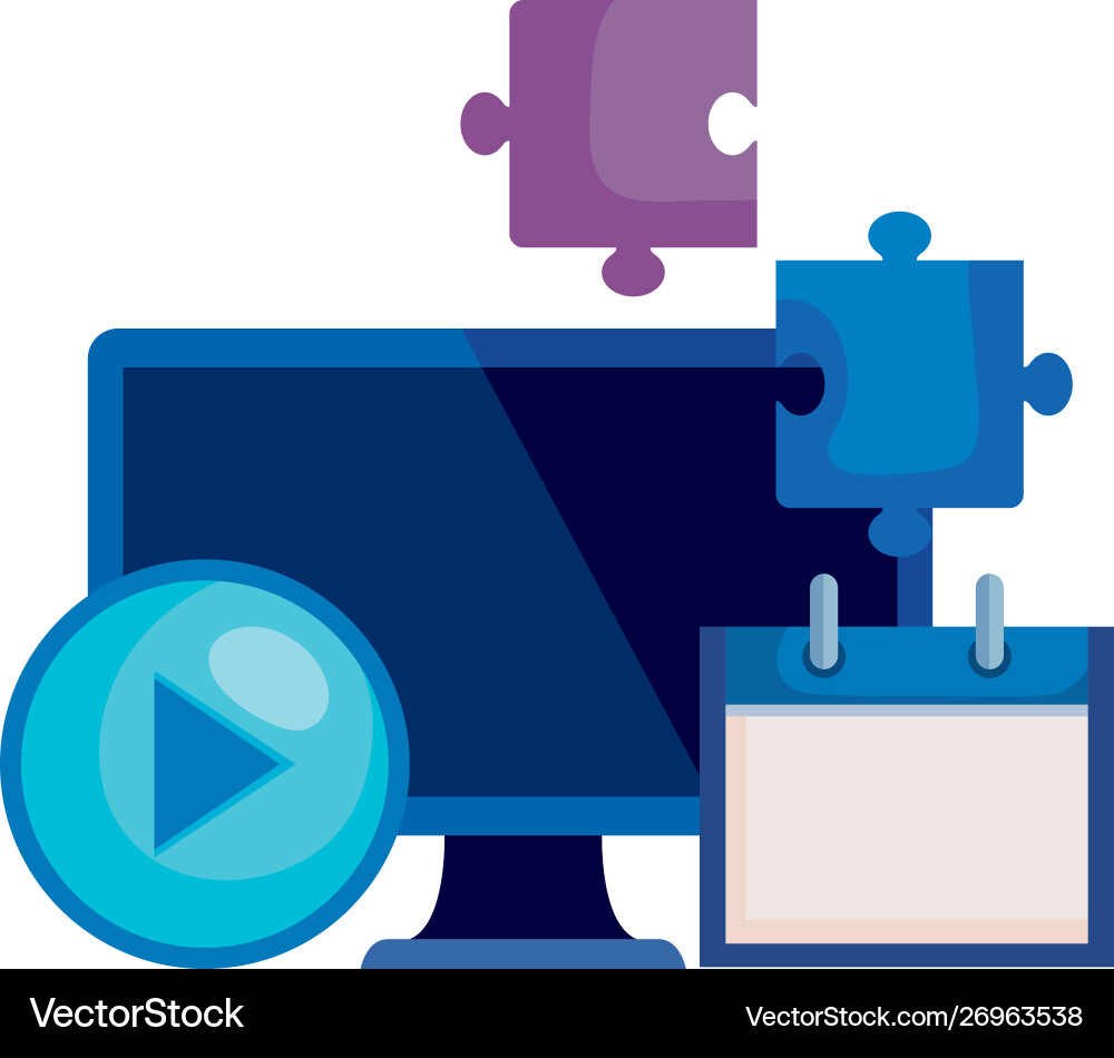 Desktop computer with calendar and puzzle pieces Desktop computer with calendar and puzzle pieces vector image