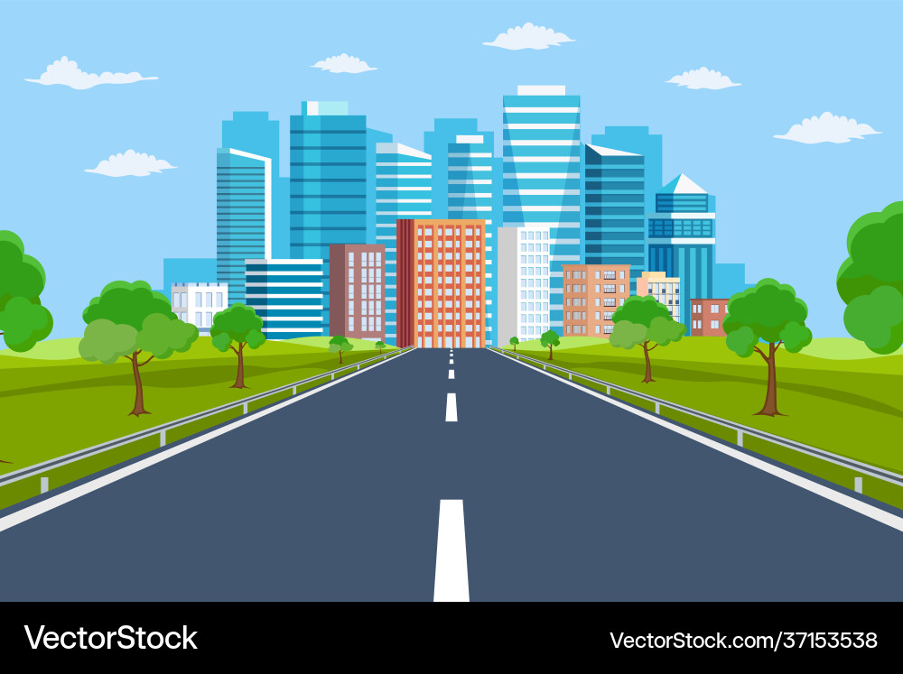 Road way to city buildings on horizon Road way to city buildings on horizon vector image
