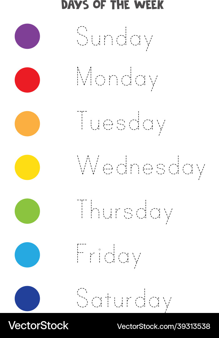 Tracing letters trace days of the week writing Tracing letters trace days of the week writing vector image