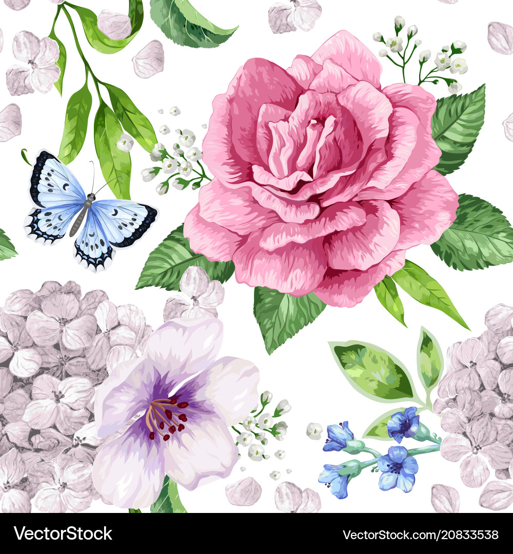 Watercolor Floral Pattern - Roses, Hydrangeas Vector Image