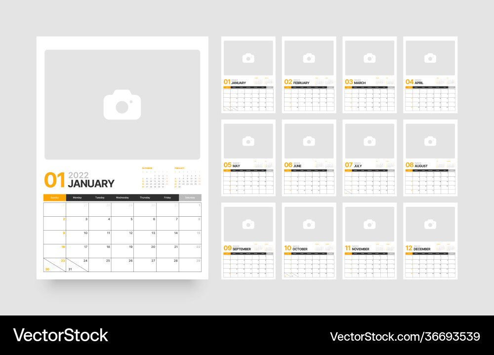 Calendar template for 2022 with week start vector image