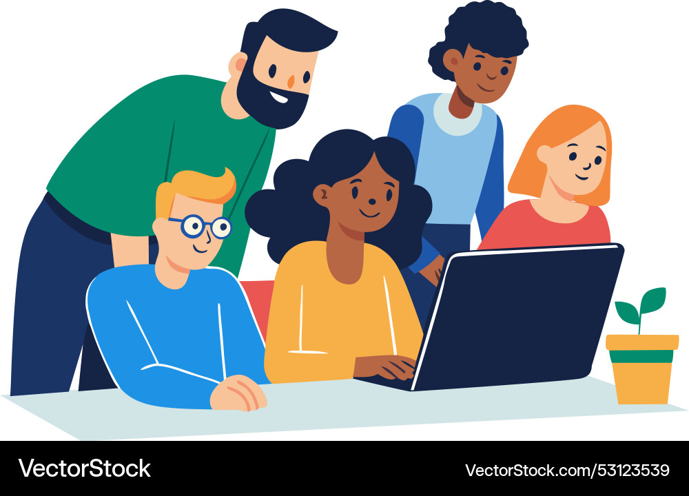 Diverse team brainstorming with computer Diverse team brainstorming with computer vector image